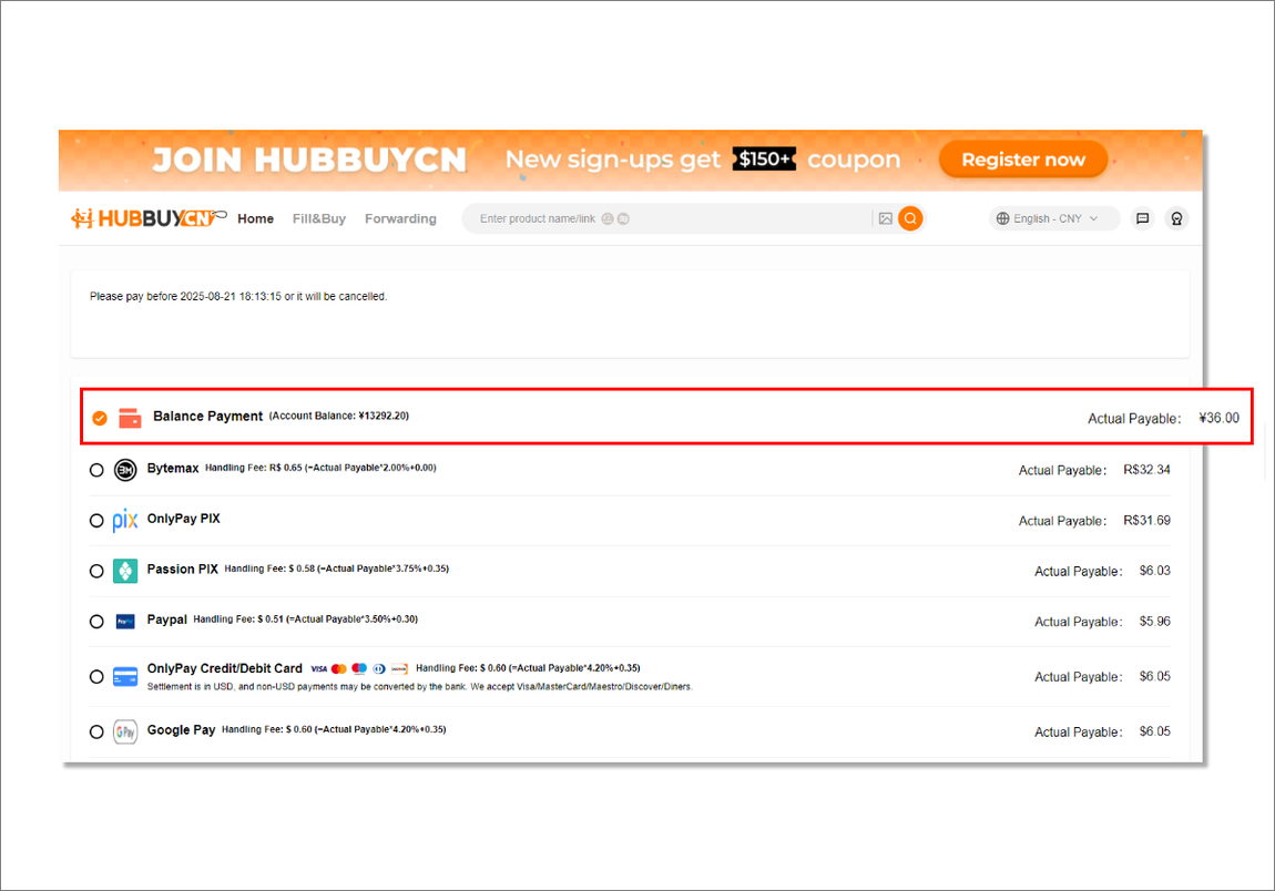 The HubbuyCN payment page listing several payment channels, each labelled with its own handling fee